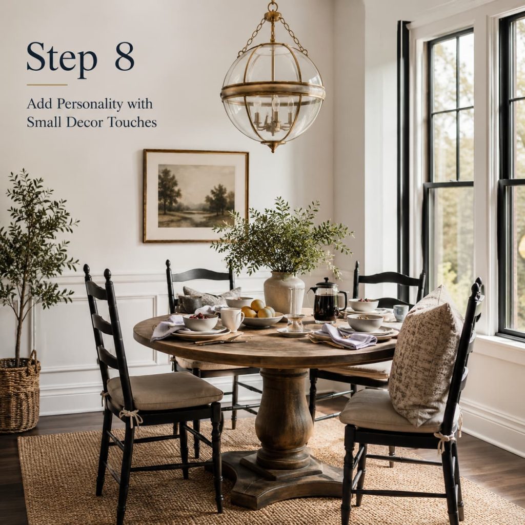 Modern breakfast nook with pedestal breakfast table and ladder back chairs
