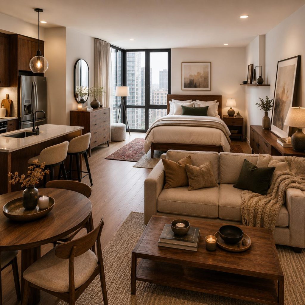 Warm wood-toned styled studio apartment