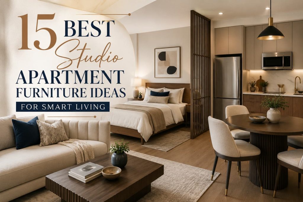 Modern studio apartment with smart furniture layout and warm wood interiors for compact living.