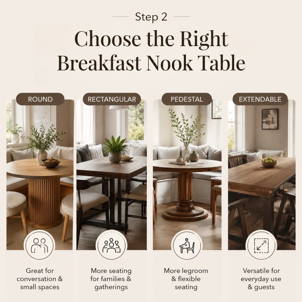 Pick any table from round rectangular to pedestal and extendable for a suitable breakfast nook setup.