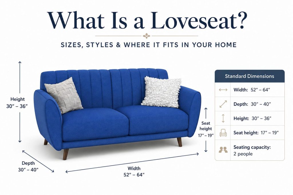 Infographic showing standard loveseat dimensions, height, width, and capacity.