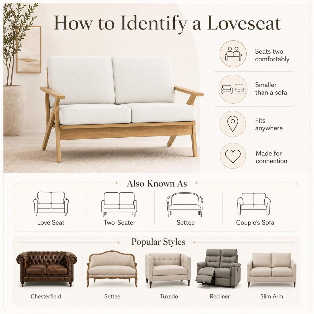 Loveseat identification guide showing a two-seater, key traits, alternate names, and popular styles.