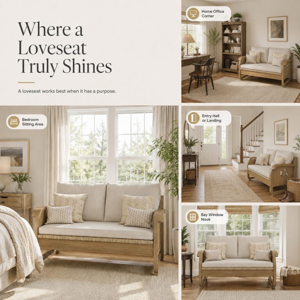 Loveseat placement ideas for a bedroom, home office, entry hall, and bay window nook.