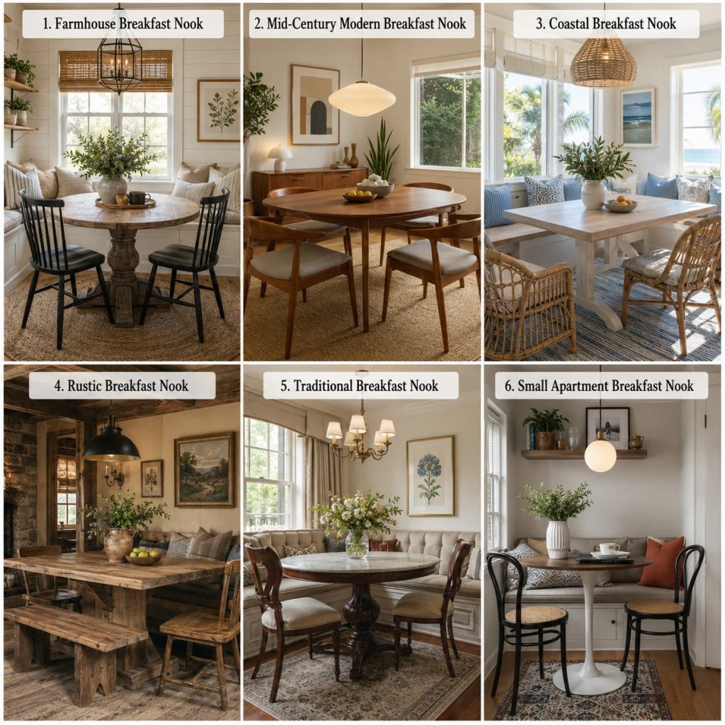 Collage of six realistic US breakfast nook styles with solid wood tables and coordinated decor