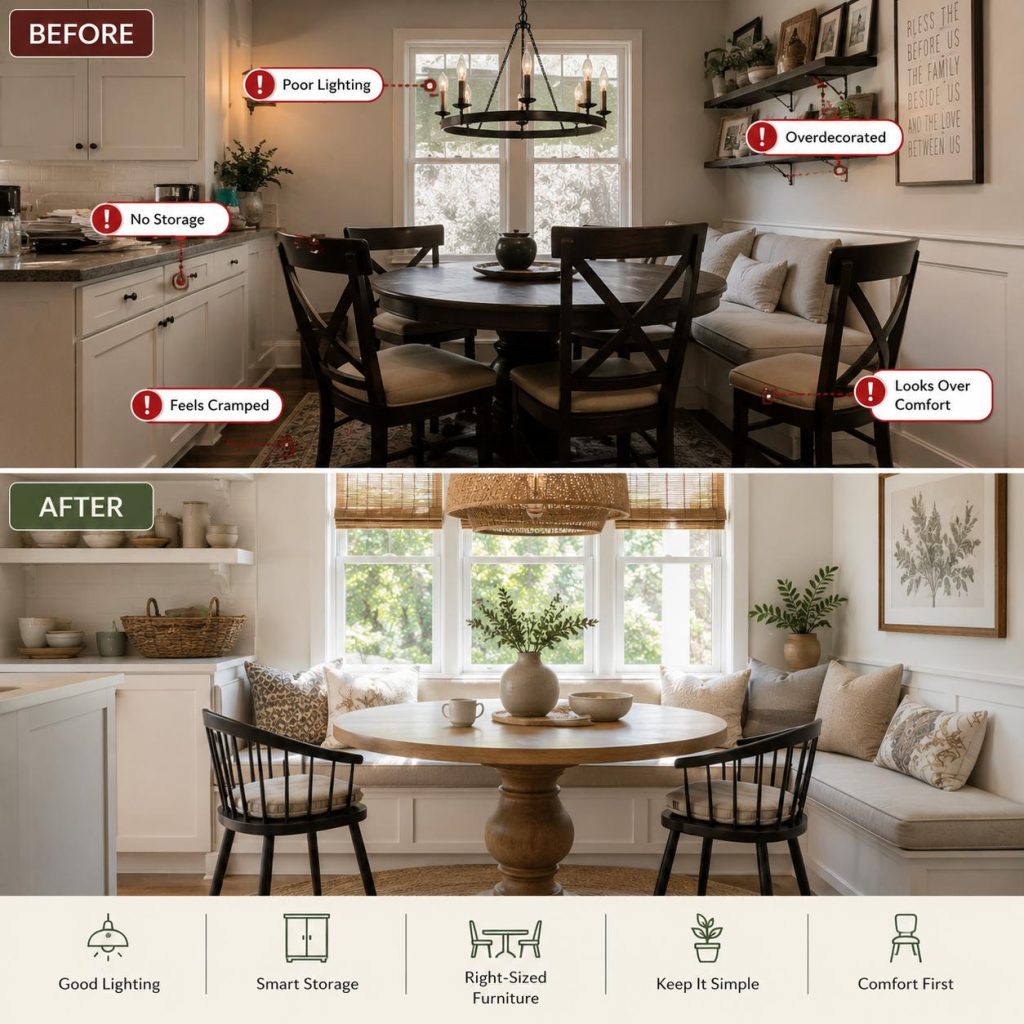 Before-and-after breakfast nook highlighting oversized furniture, poor lighting, and clutter.
