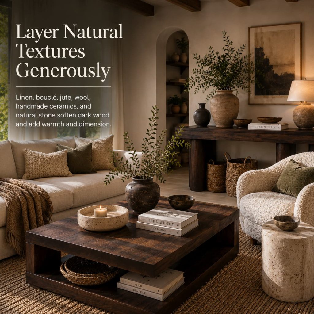Dark wood furniture styled with layered natural textures including linen, bouclé, jute, handmade ceramics, and stone décor.