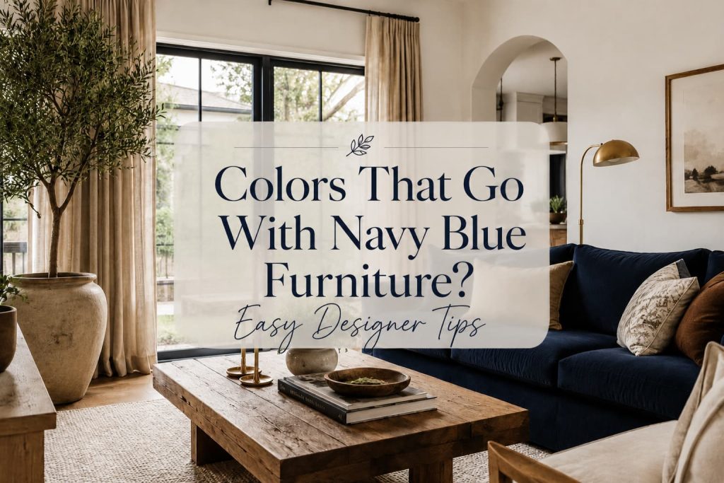 Modern living room styled with navy blue furniture, warm wood, and neutral décor.