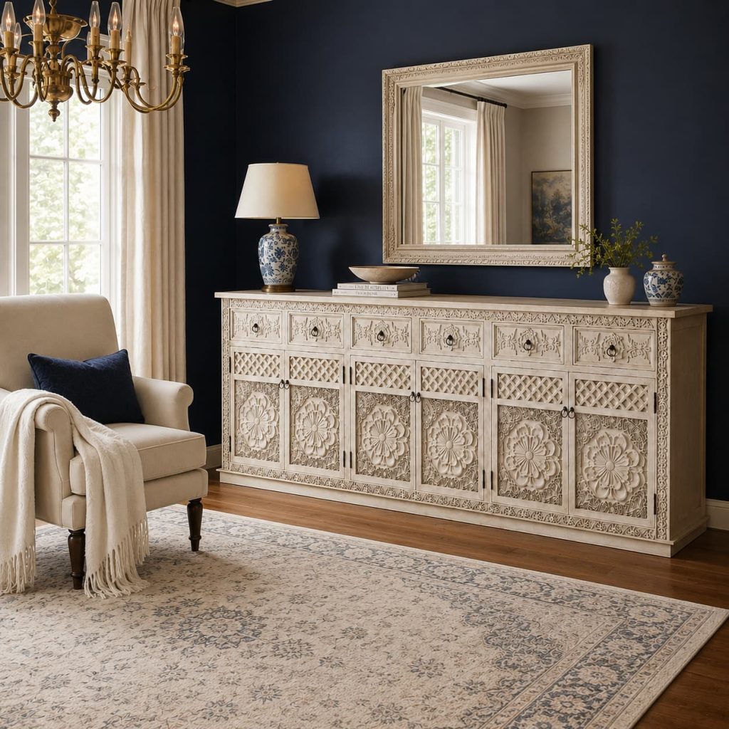 Dining room featuring navy blue walls with brass accents and a white, extra-long, hand-carved buffet sideboard.