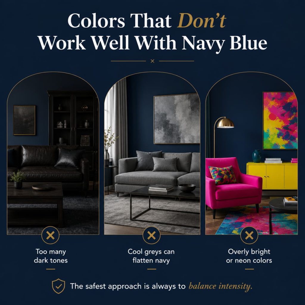 Well-balanced navy blue room with light furniture avoiding overly dark color combinations.