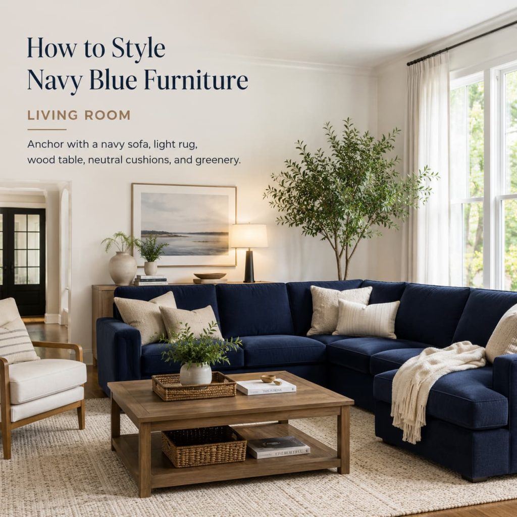Living room styled with navy blue sofa, white walls, and natural wood accent furniture.