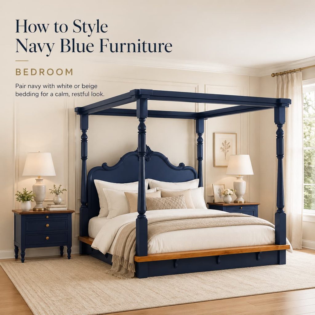 Bedroom featuring navy blue walls with rustic solid wood bed and neutral bedding.