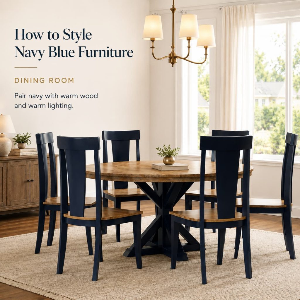Dining room with white walls, a rustic two-tone navy blue dining table with chairs, and a natural wood buffet.