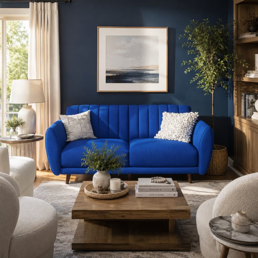 Bright interior showing navy blue walls balanced with light furniture and natural daylight.