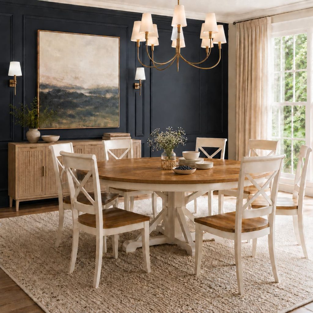 Navy blue wall balanced with white furniture, natural wood, and beige décor.