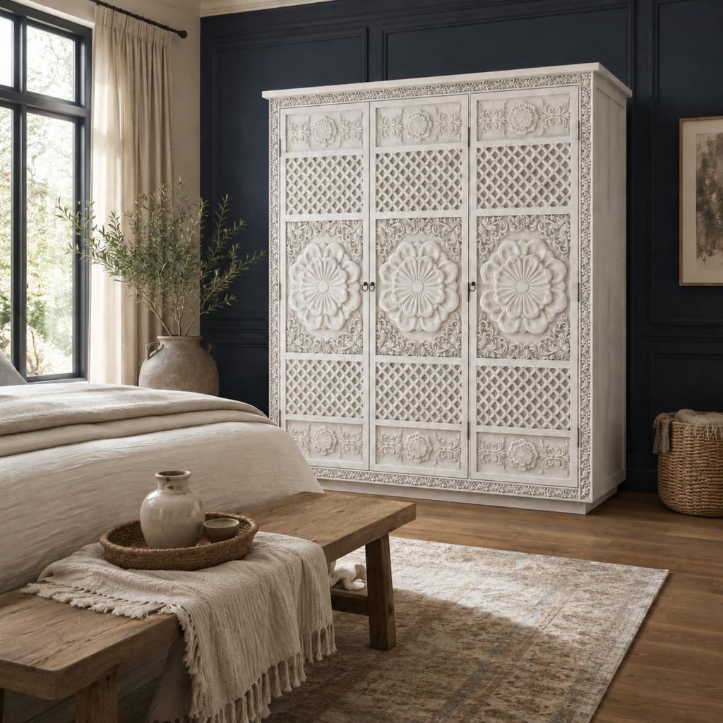 White armoire against navy blue walls with warm wood flooring.
