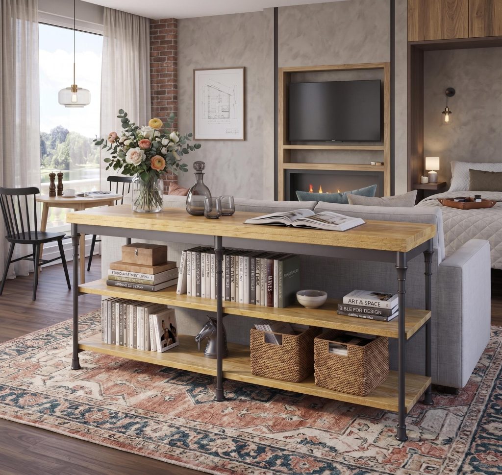Encino Industrial Sofa Console Table With Shelves