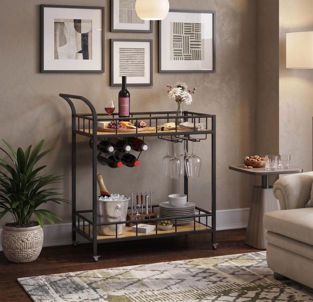Castella Industrial Black Metal Trolley Bar Cart With Wine Rack