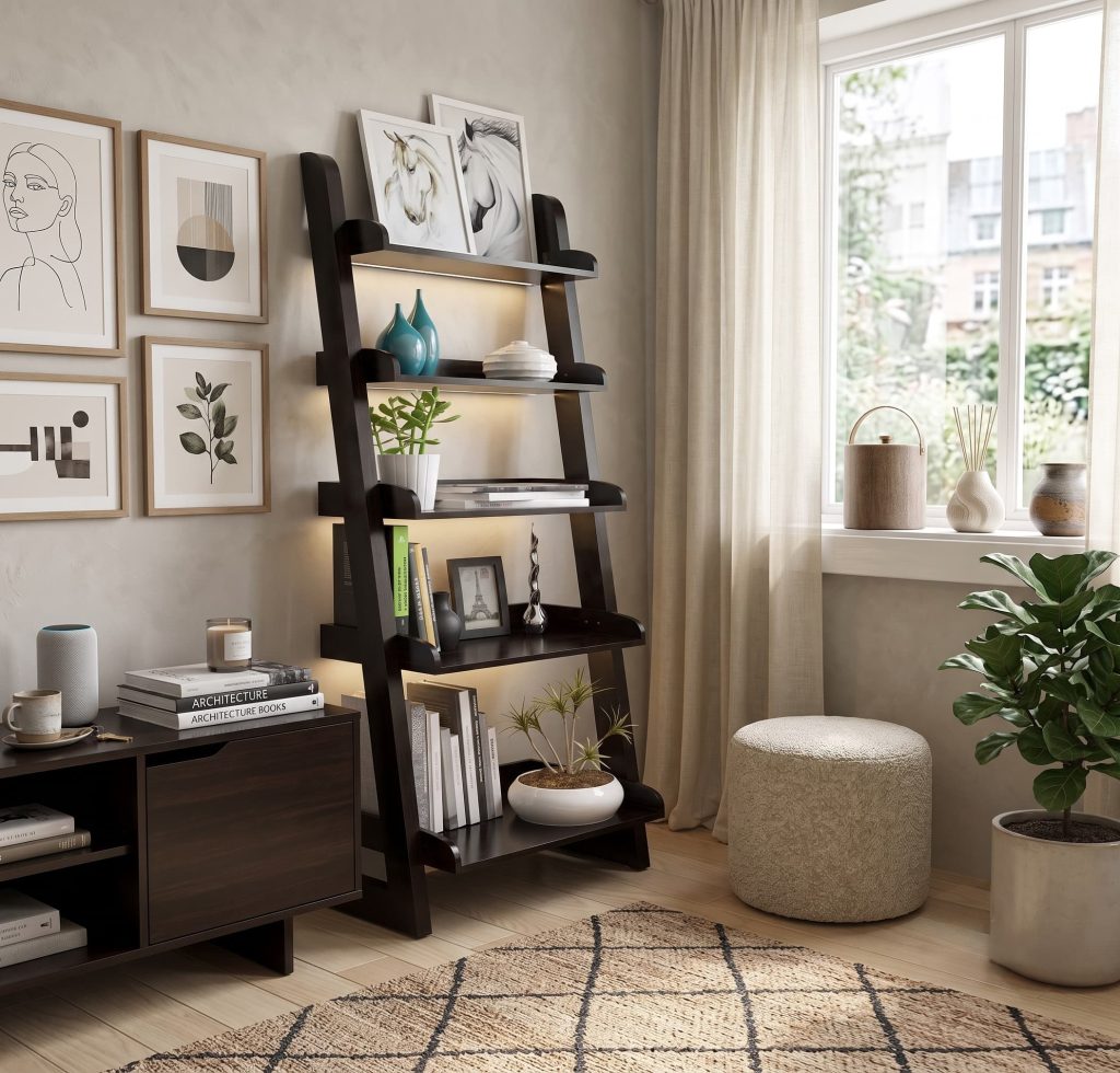 Ignacio Solid Wood Black Leaning ladder Home Display Bookself