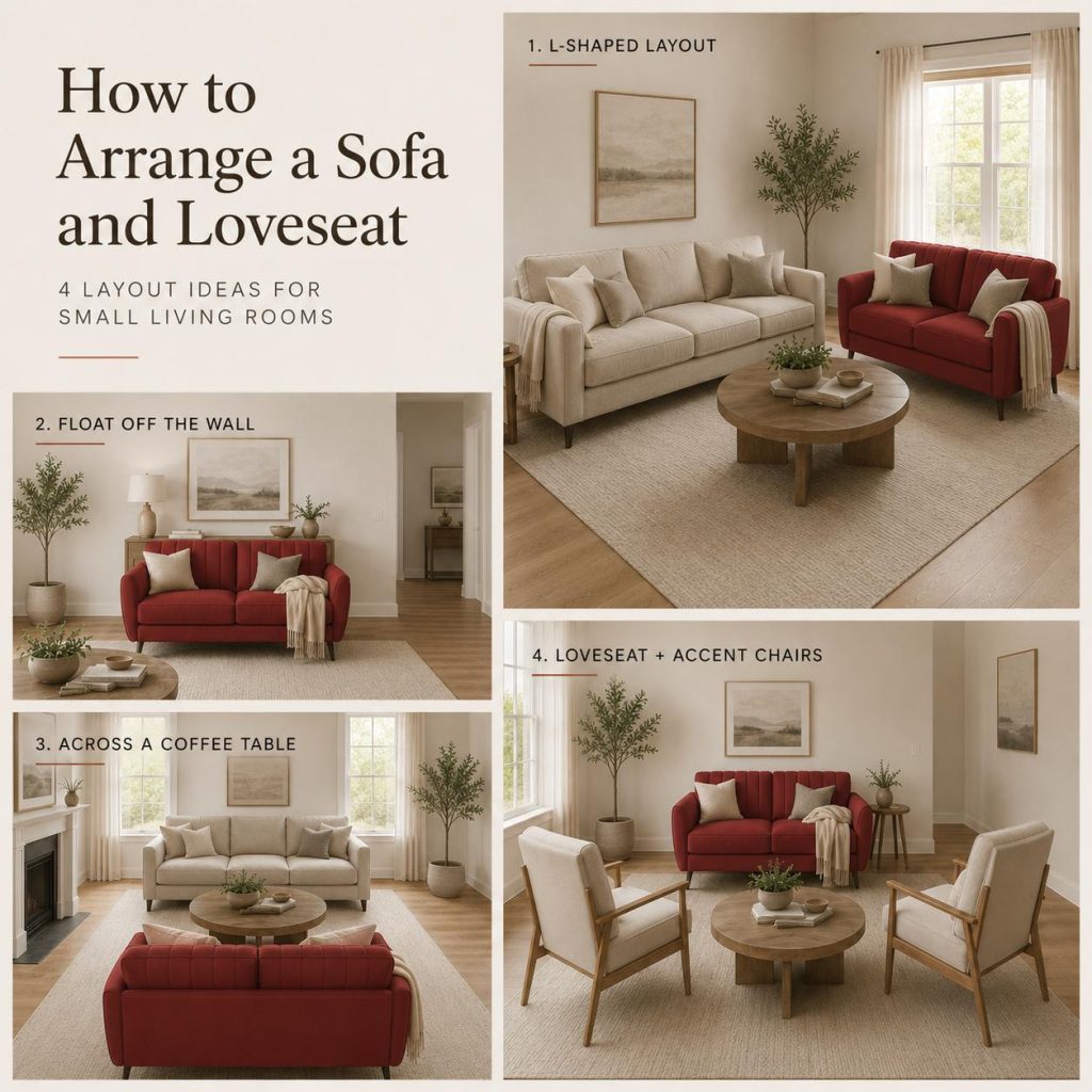 Small living room layouts with a red loveseat, sofa, coffee table, and accent chairs.