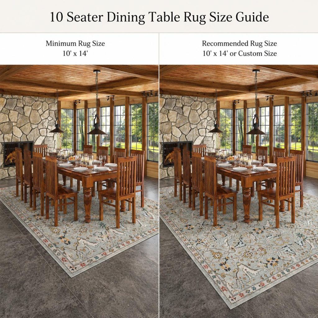 10-seater dining table rug size guide comparing a minimum 10' x 14' rug with a recommended 10' x 14' or custom-size rug.