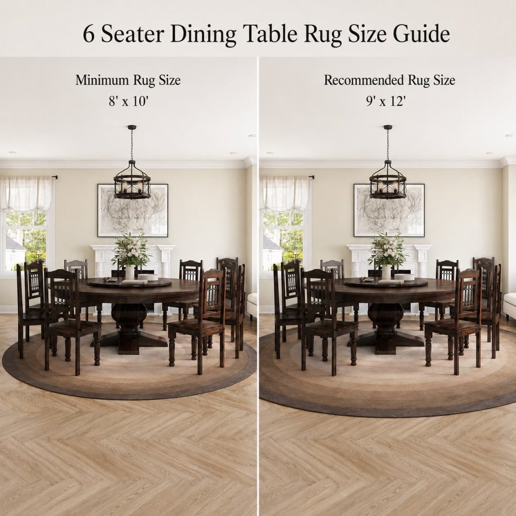 Guide showing a 6-seater dining table with two rug options: minimum 8' x 10' and recommended 9' x 12', compared in a bright dining room.