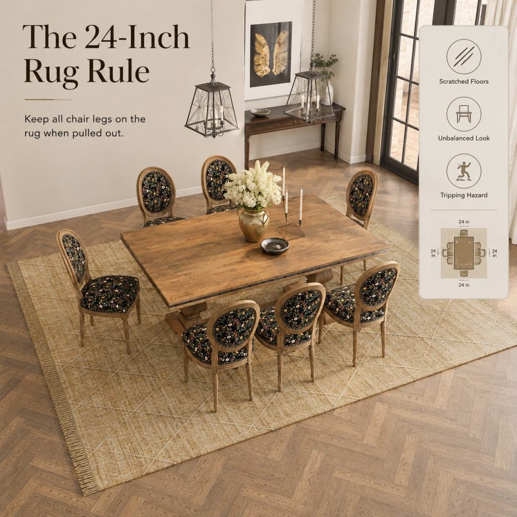 High-angle dining room view showing chairs fully on a rug with 24-inch clearance around a solid wood dining table.