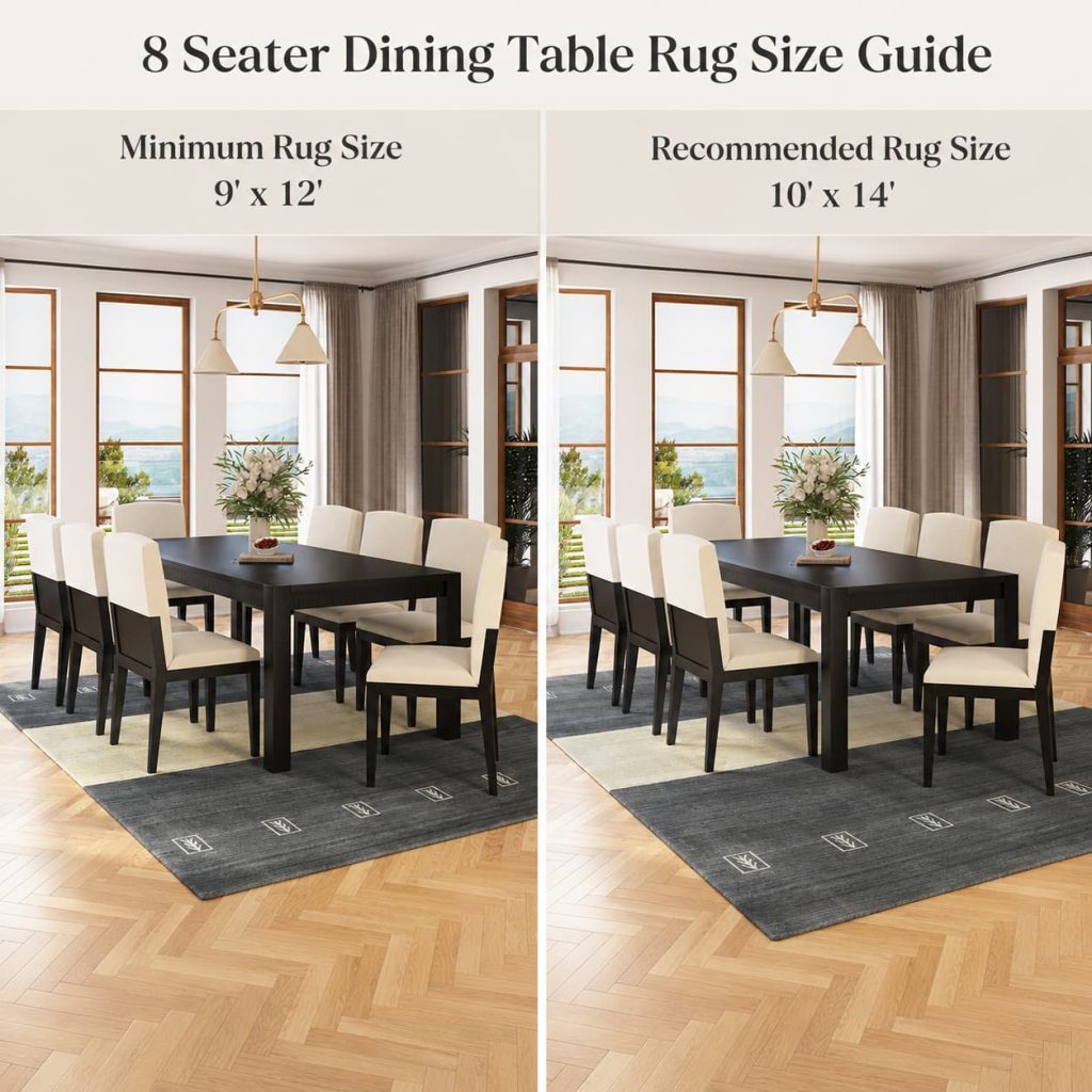 8-seater dining table rug size guide comparing a minimum 9' x 12' rug with a recommended 10' x 14' rug in a modern dining room.