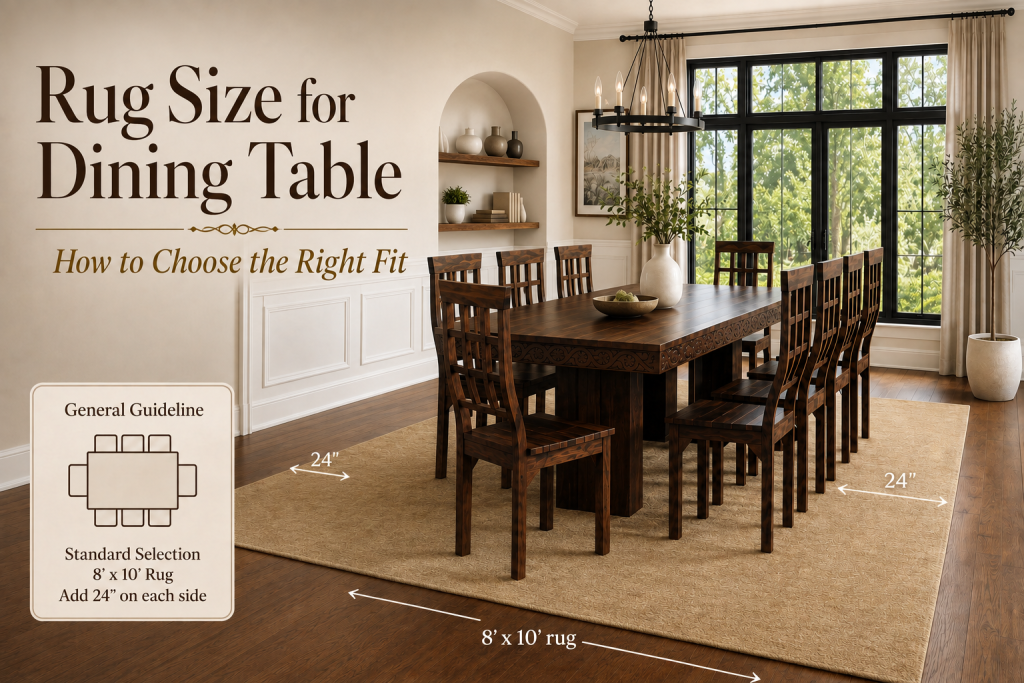 8' x 10' rug beneath a solid wood dining table, showing 24 inches of clearance so pulled-out chairs remain on the rug.