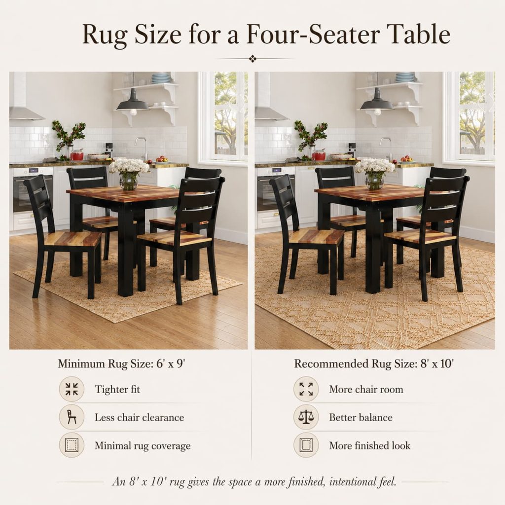 Side-by-side comparison of 6' x 9' and 8' x 10' rugs under a four-seater dining table, showing fit and chair clearance.