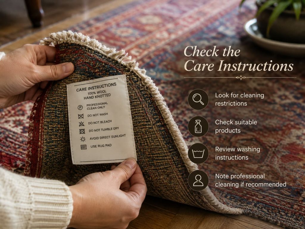 Hands lifting a wool rug corner to check the care label before safe cleaning.