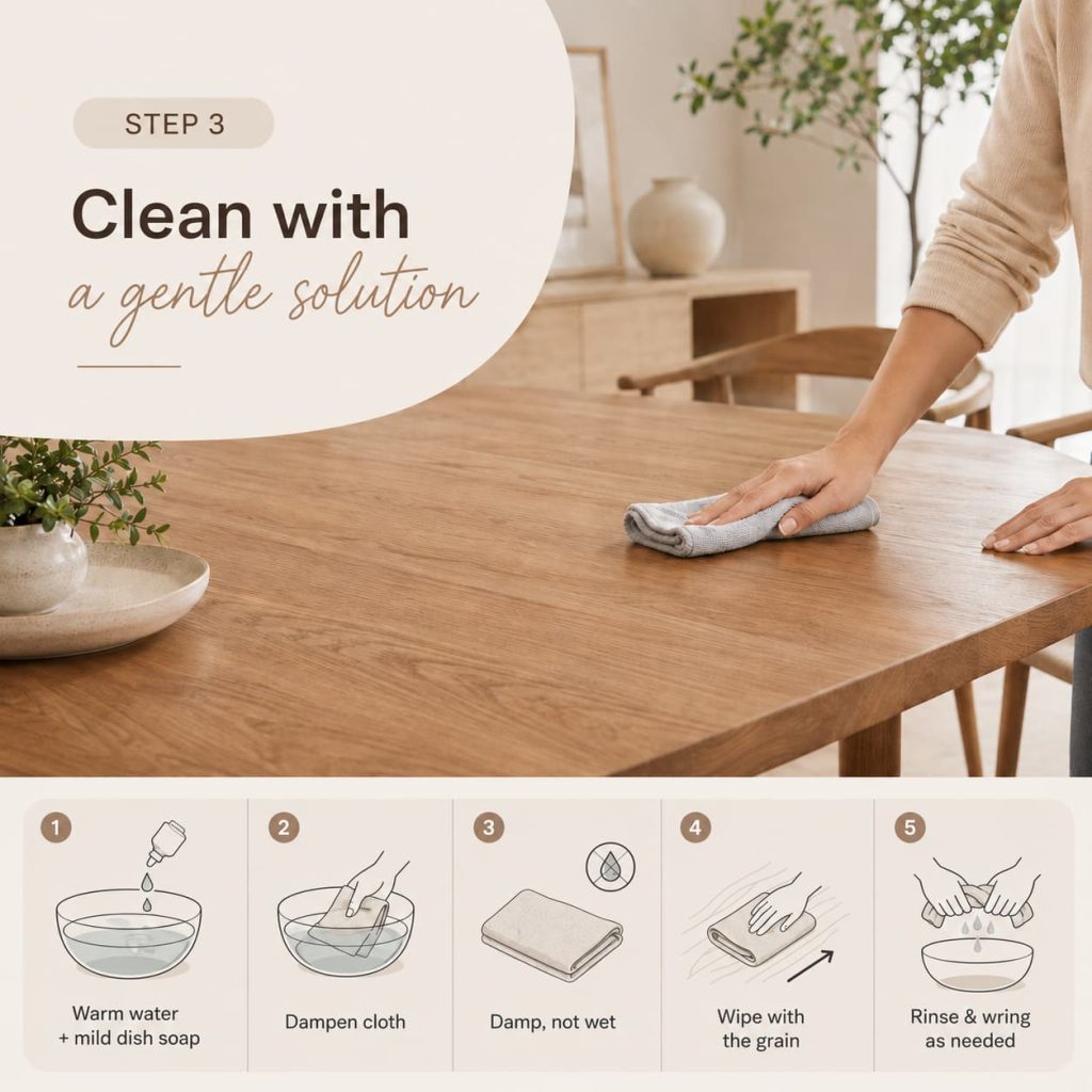Gently cleaning a wooden dining table with a damp microfiber cloth and mild soap solution.