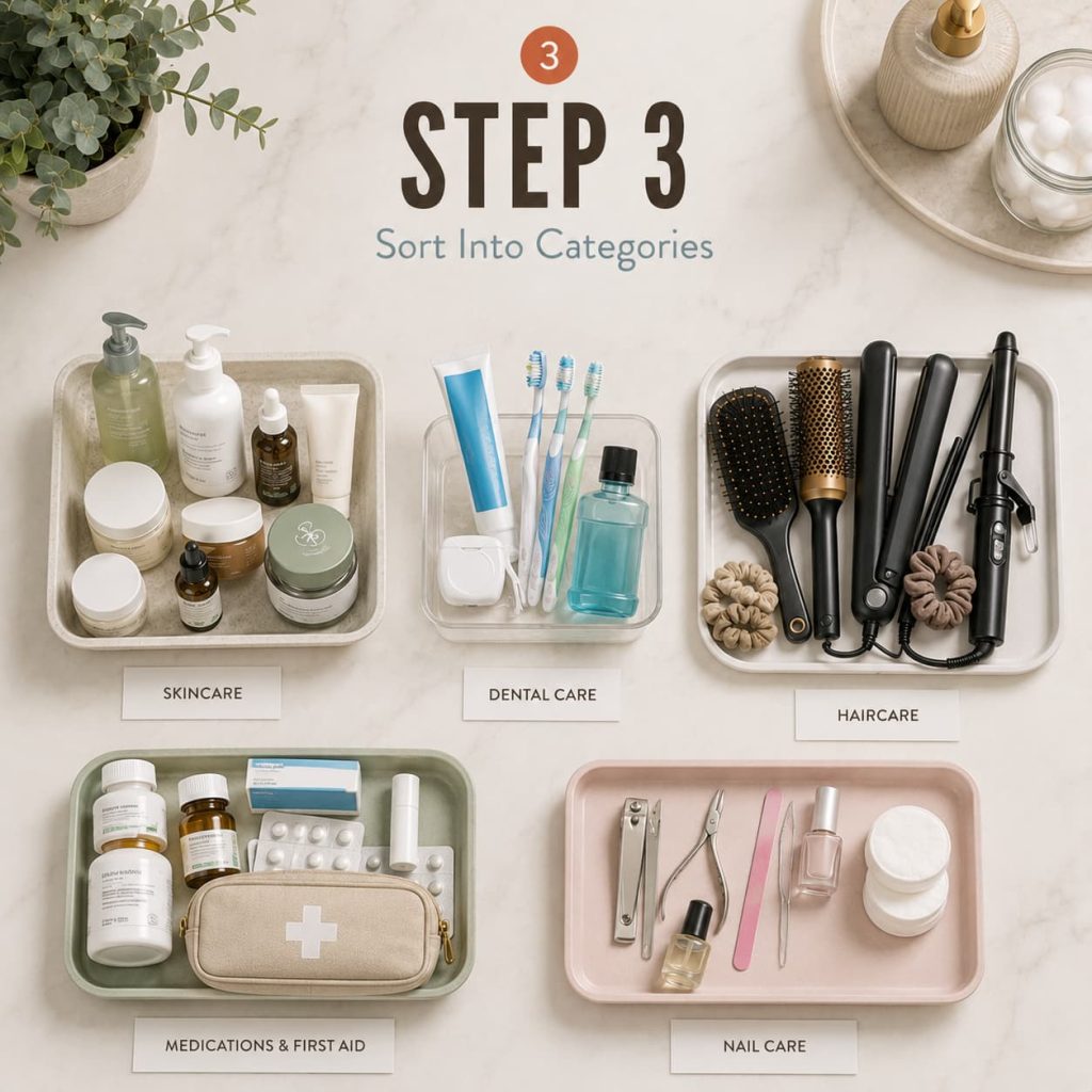 Bathroom items sorted into labeled category groups like skincare, dental, and first aid