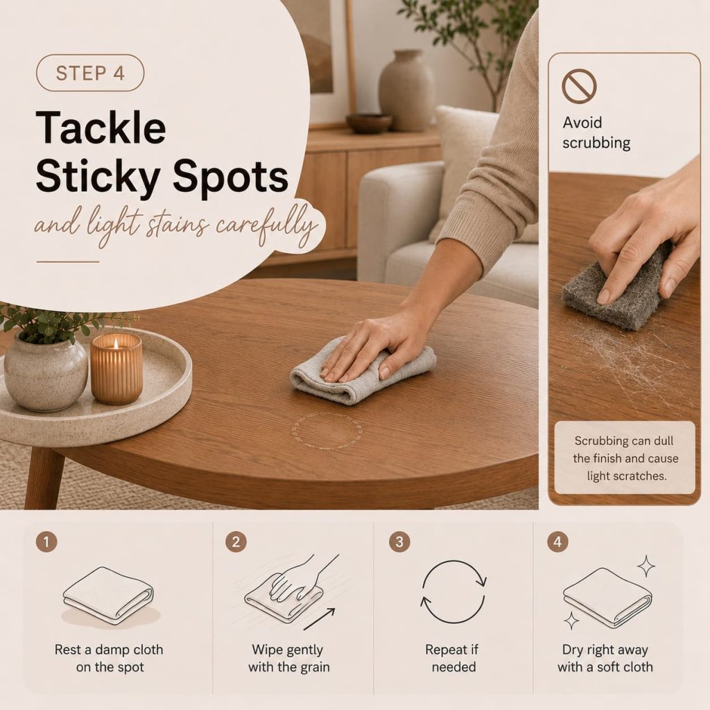 Gently wipe sticky spots on a wood coffee table; avoid scrubbing to prevent scratches.
