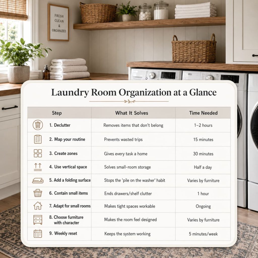 Laundry room organization chart with 9 steps, solutions, and time needed in a tidy modern space.