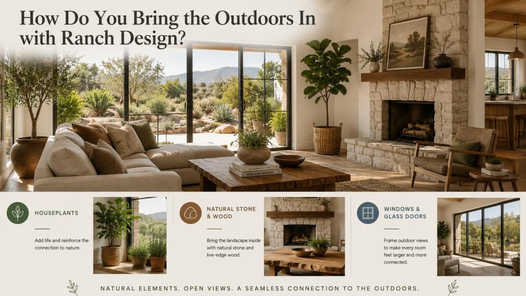 Ranch living room with houseplants, natural stone, wood, and wide glass doors opening to nature.