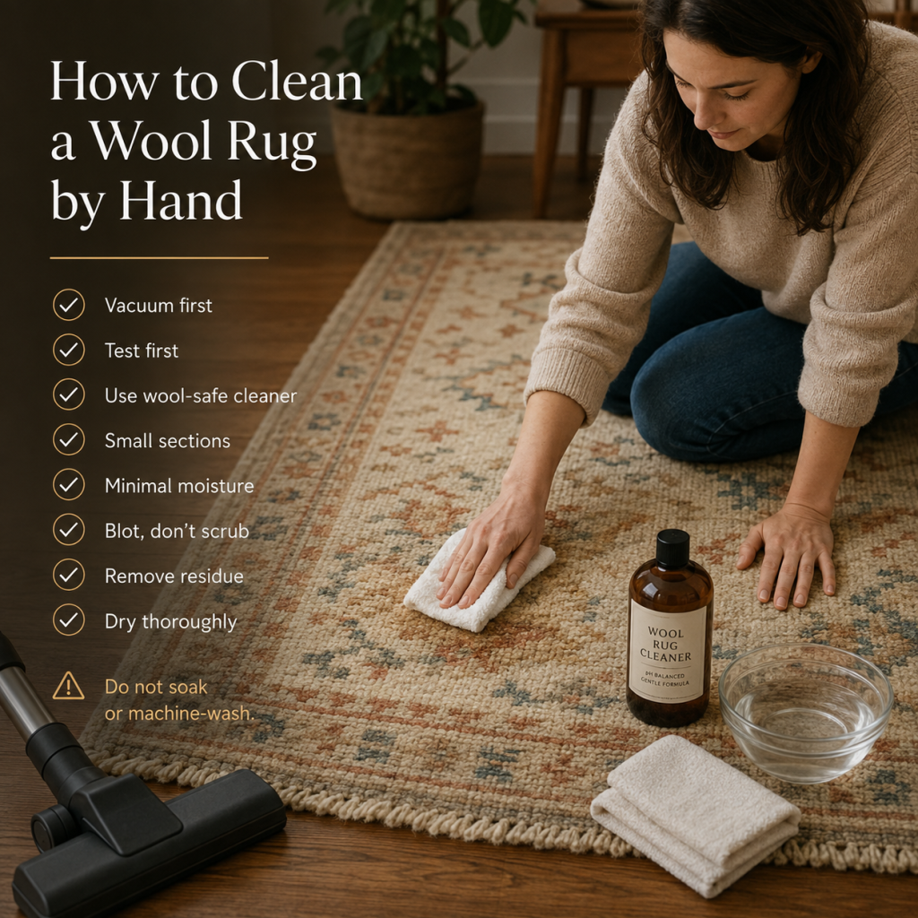 Hand-cleaning a wool rug gently with a white cloth, wool-safe cleaner, and minimal moisture.