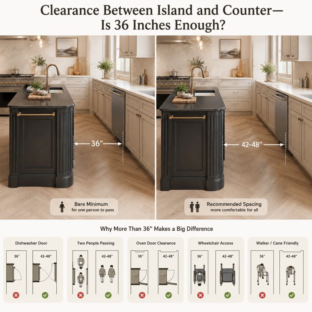 Kitchen island clearance comparison showing 36-inch minimum spacing versus a more comfortable 42-inch clearance.