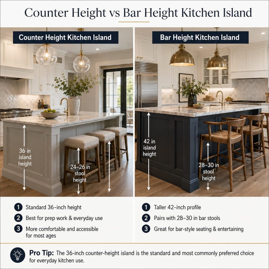 Counter-height vs. bar-height kitchen islands shown in a modern kitchen, comparing 36-inch and 42-inch heights with matching stool sizes.