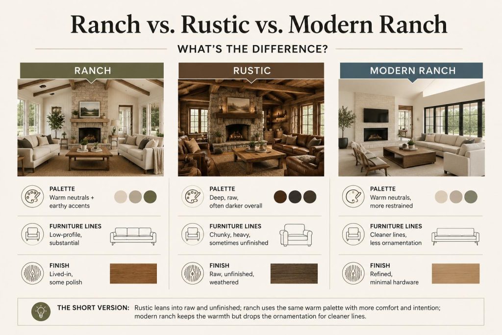 Comparison of ranch, rustic, and modern ranch interiors by palette, furniture lines, and finish.