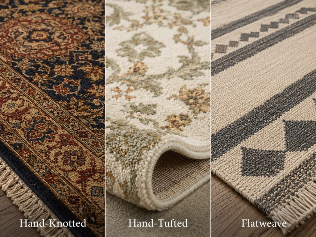 Close-up comparison of hand-knotted, hand-tufted, and flatweave wool rugs and textures.