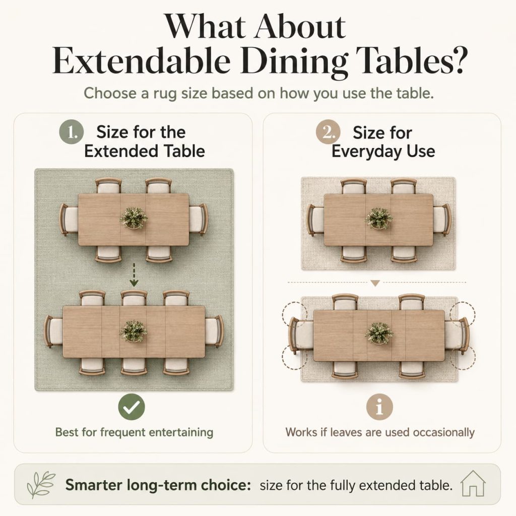 Guide comparing rug sizing for extendable dining tables: size for the extended table or size for everyday compact use, with top-view layouts.