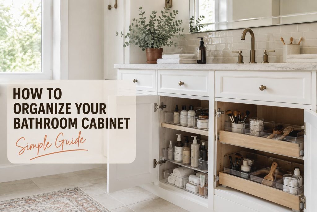 How to organize bathroom cabinet with labeled bins and neatly arranged daily essentials