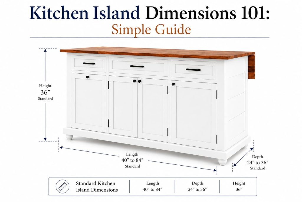 Kitchen island dimensions guide showing a white solid wood kitchen island with standard height, length, and depth measurements.