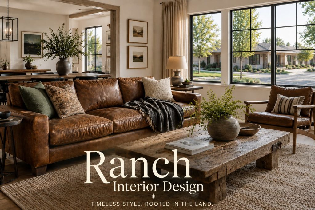 Sunlit ranch-style living room with leather sofa and live-edge wood table, overlaid with the title text Ranch Interior Design.