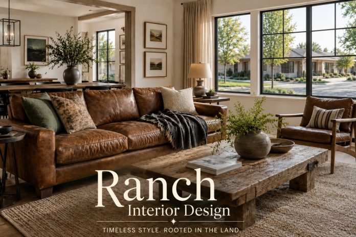 Sunlit ranch-style living room with leather sofa and live-edge wood table, overlaid with the title text Ranch Interior Design.