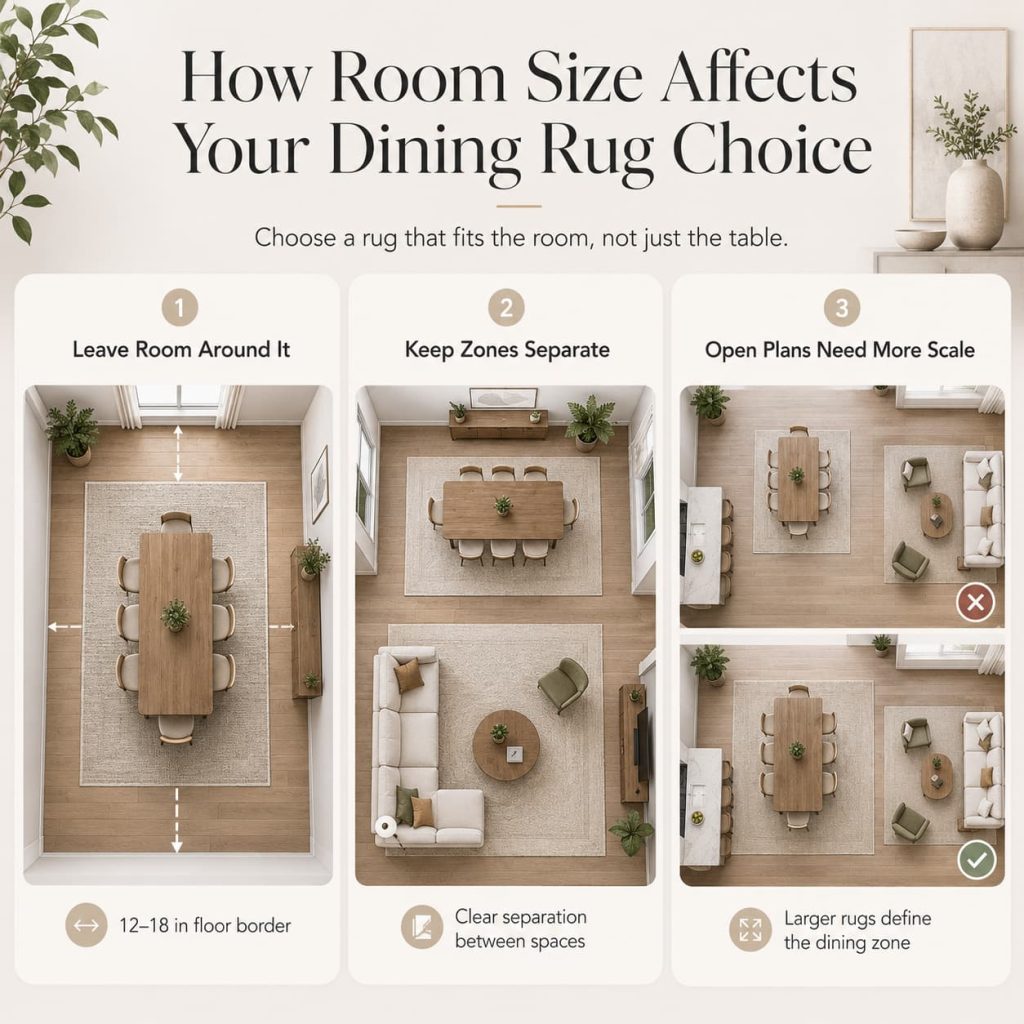Infographic showing how room size affects dining rugs: leave floor border, separate rug zones, and use larger rugs in open-plan spaces.