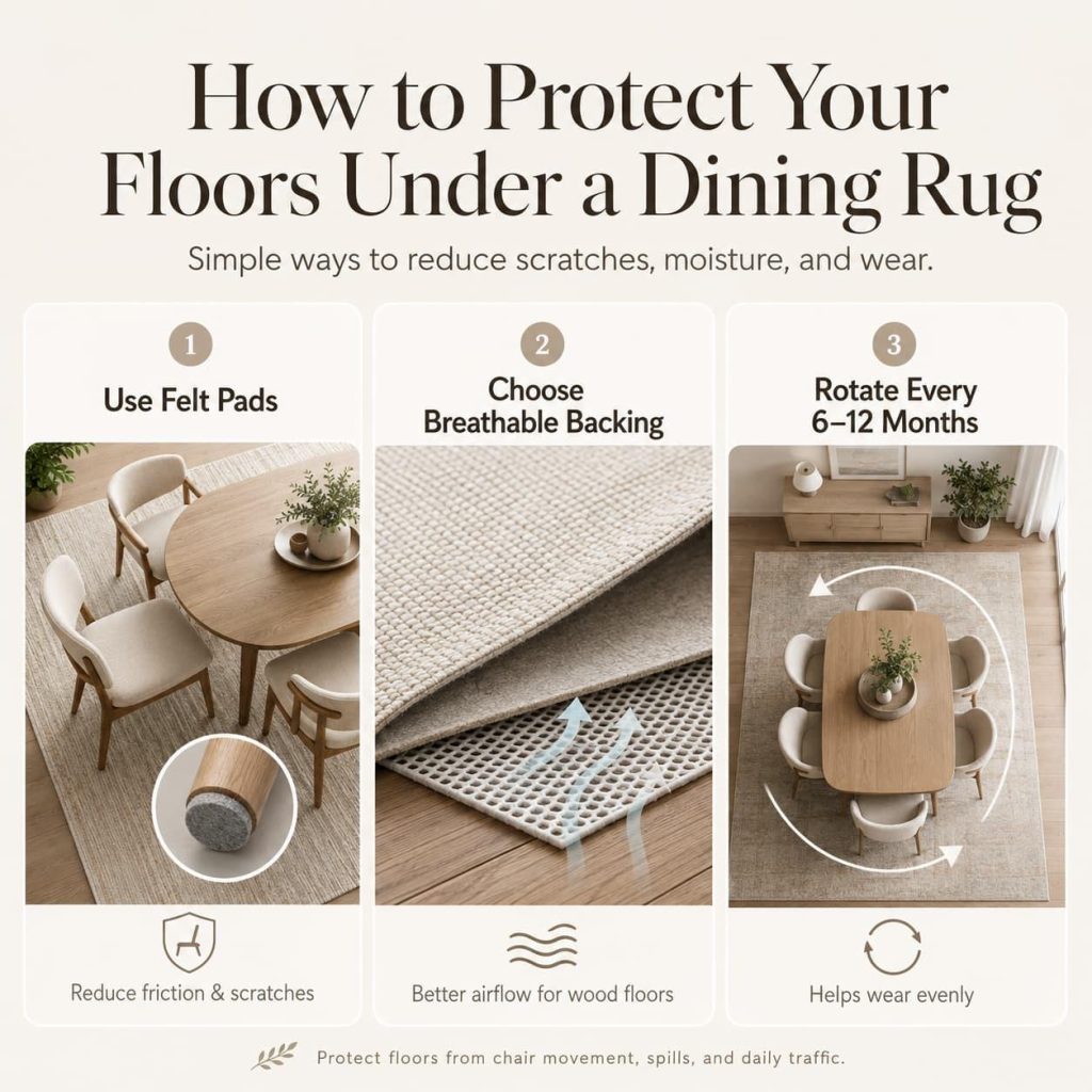 Dining rug floor protection tips showing felt chair pads, breathable rug backing, and rug rotation every 6–12 months to reduce wear.