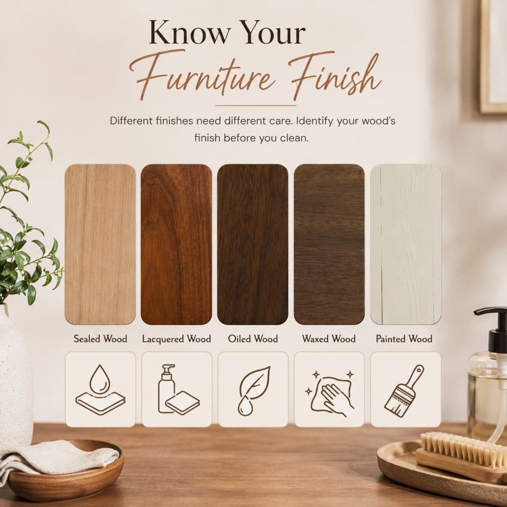Wood finish guide showing sealed, lacquered, oiled, waxed, and painted wood swatches with care icons.