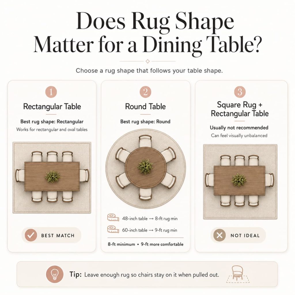 Dining rug shape guide showing rectangular rugs for rectangular tables, round rugs for round tables, and why square rugs are less ideal.
