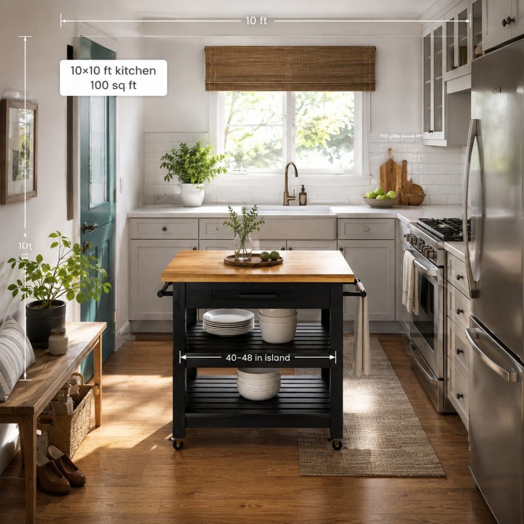 Small kitchen with a compact rolling kitchen island and a 40–48 inch island size label.